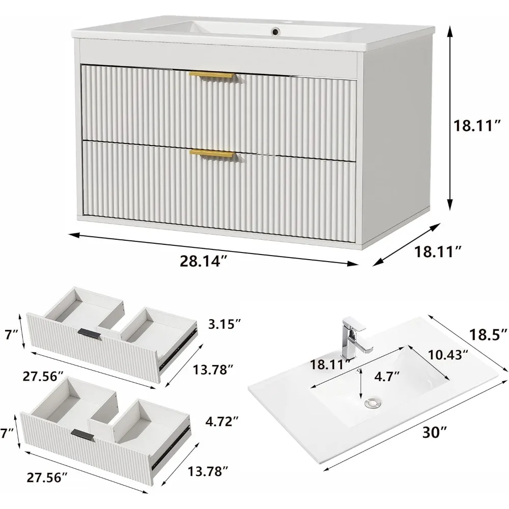 30'' Floating Bathroom Vanities with Sink, Wall Mounted Bathroom Floating Vanity with Ceramic Sink,2 Drawers, Soft-Close Doors 2