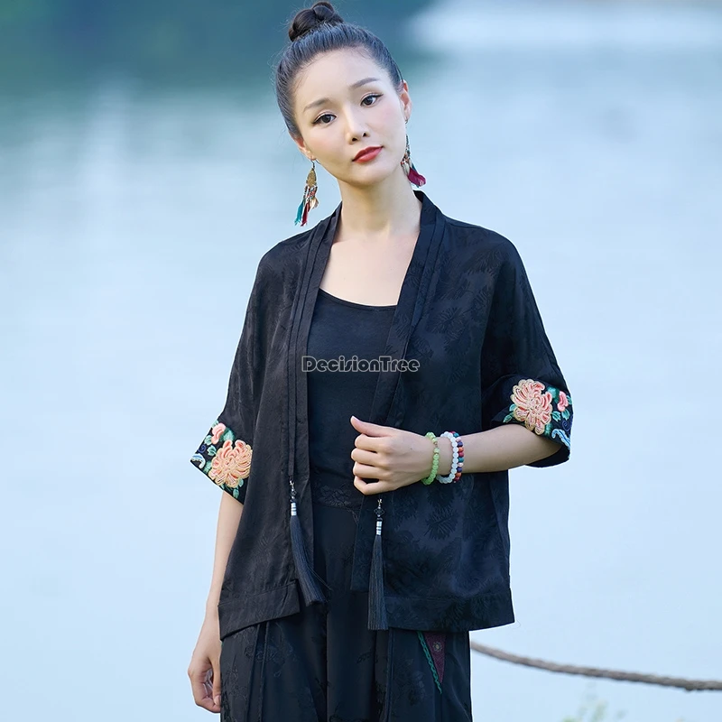 

2024 women's new chinese national embroidery shirt top jacquard satin loose big half sleeve daily casual retro short blouse t001