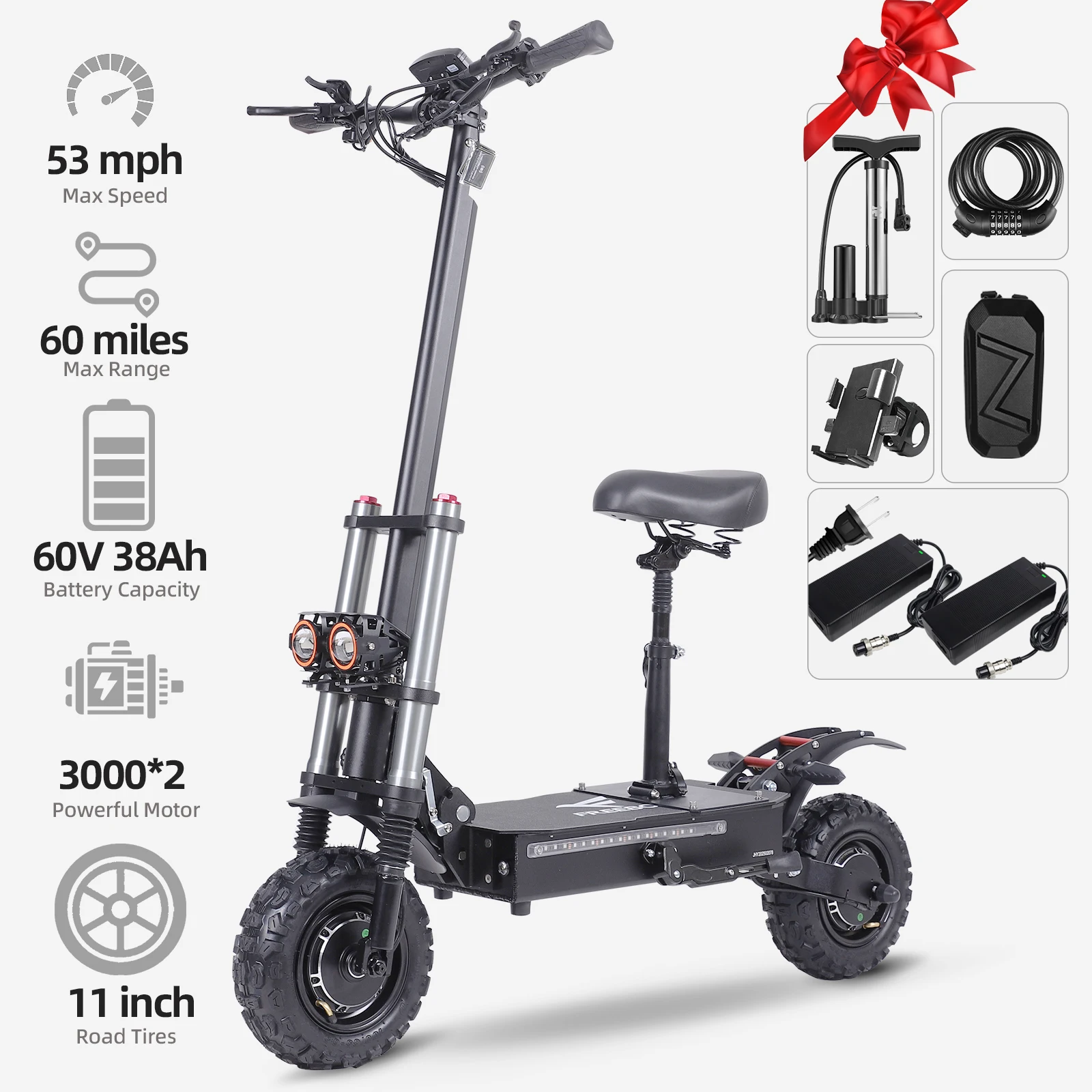 FREEBOY J30MAX 2025 E-Scooter 6000W Motor 60V38AH Battery Electric Scooter Max Speed 53MPH 11 Inch road Tires Max Range 60 Miles