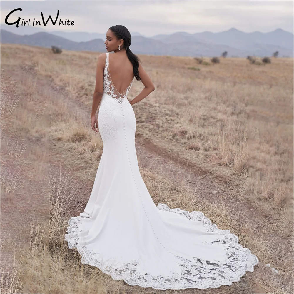 Boho V Neck Sheer Straps Wedding Dress Mermaid Satin Wedding Gown Classic Backless Dress For Bride robe de mariage nouveauté