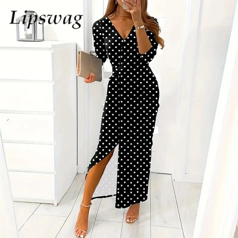 

Women Elegant V Neck Long Dress Retro 2024 Casual Polk Dot Lady Commuting Dress Fashion Sexy Long Sleeve High Split Party Dress