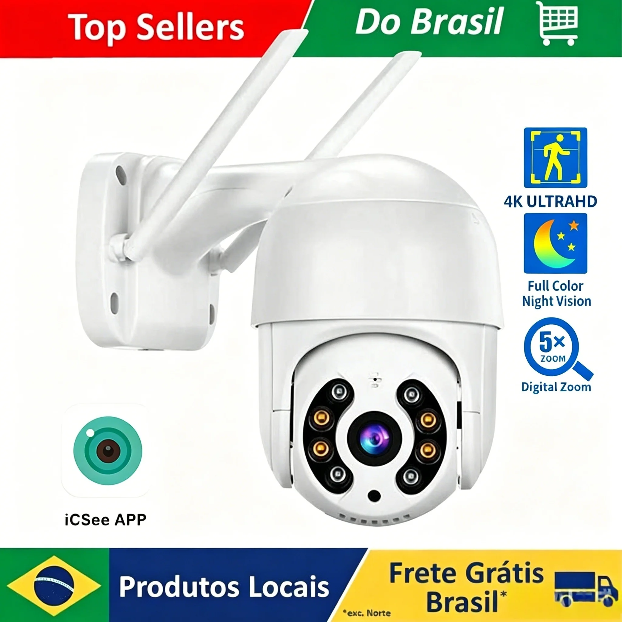 Câmera PTZ Sem Fio FullColor 4K 8MP, Detecção de Movimento por IA, Rastreamento Automático 5MP, Câmera de Vigilância WiFi Externa com Visão Noturna Colorida