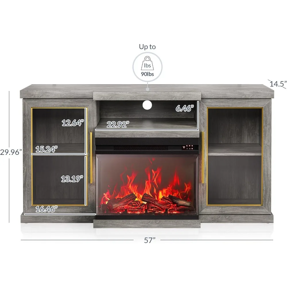 57" TV Stand with 23" Electric Fireplace Heater with Sound, Center for TVs Up to 65", with 3-Side Glass Display Fireplace 6