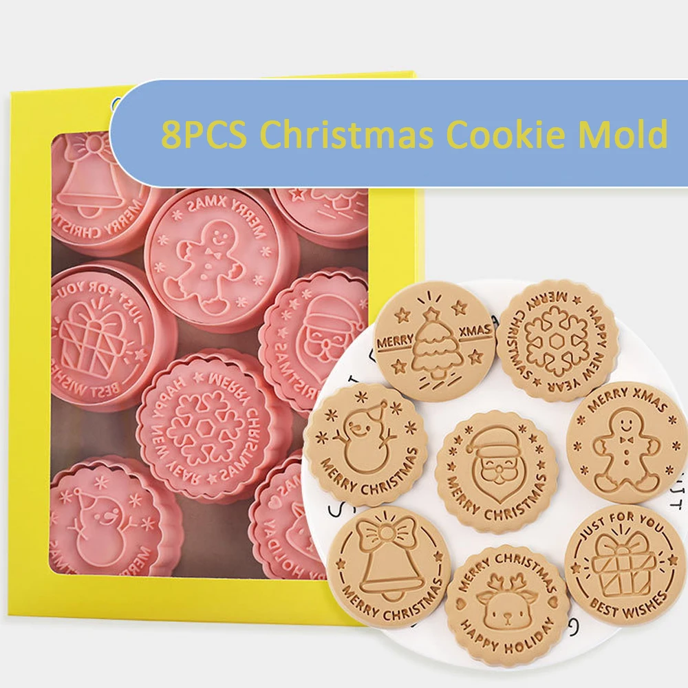 Cookie Cutter Cookie Mould Fondant Cutter Pastry Cutter 8Pcs Christmas Cookie Cutter Set Round XMAS Tree Gingerbread Man Deer Snowflake Fondant Embosser Stamp Christmas Party Supplies