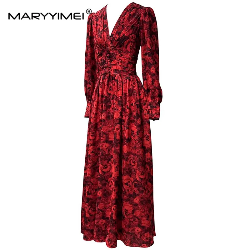 

MARYYIMEI Fashion Runway Designer Women's New V-Neck Lantern Long Sleeved Pleated Elegant Printed Ball Gown Vintage Maxi Dress