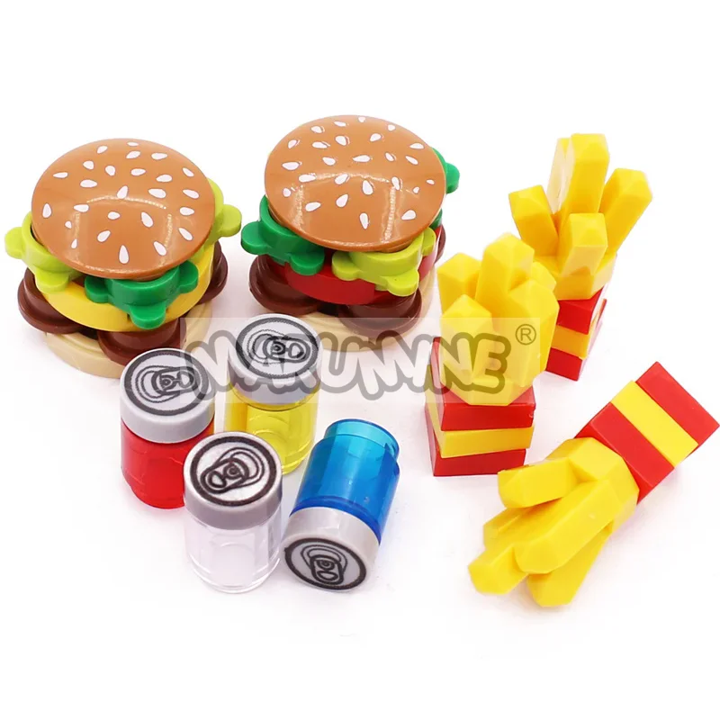 Marumine Mini Food Building Blocks Kitchen Accessories Hamburger Pizza Fries Cake Chocolate Cookies MOC Bricks Toy Basket Parts