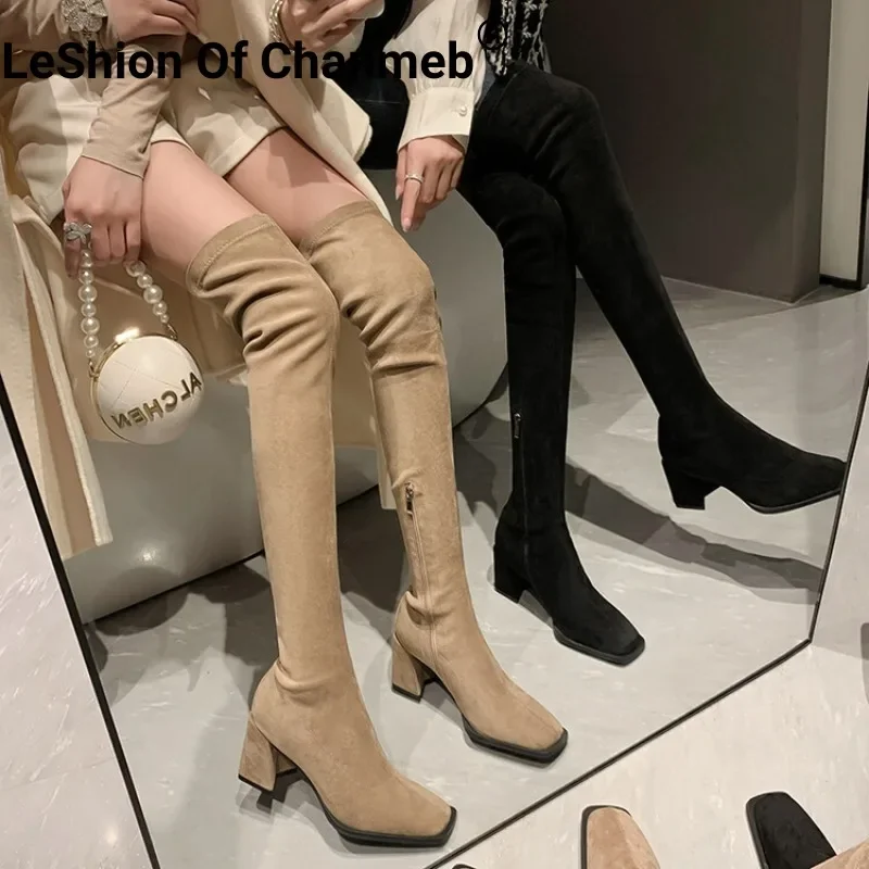 

LeShion Of Chanmeb Women Nude Stretch Suede Thigh Boots Thick Heels OverKnees Boots Winter Woman Square Toe Half-Zipper Shoes 42