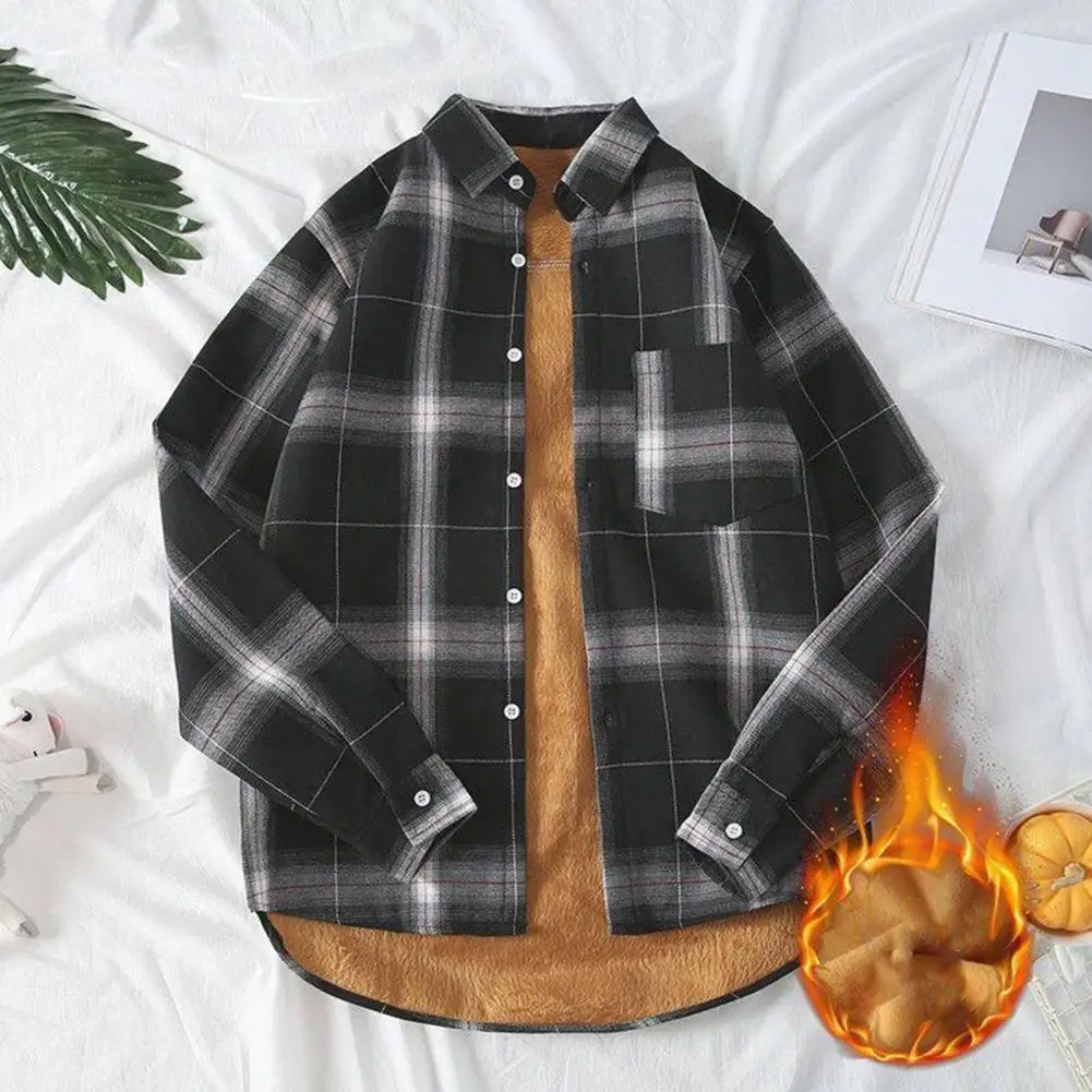 

Classic Men Button-down Shirt Comfortable Stylish Men Shirt Cozy Plaid Print Cardigan Warm Lapel Men's Shirt for Fall/winter