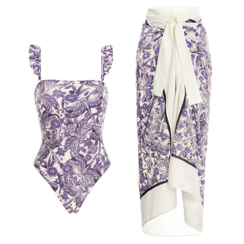 Womens One-Piece Swimwear Printed Chiffon Cover up Beach Sarong Swimsuit Wrap Maxi Skirt Bathing Bikini 2-Piece Set Beachwear