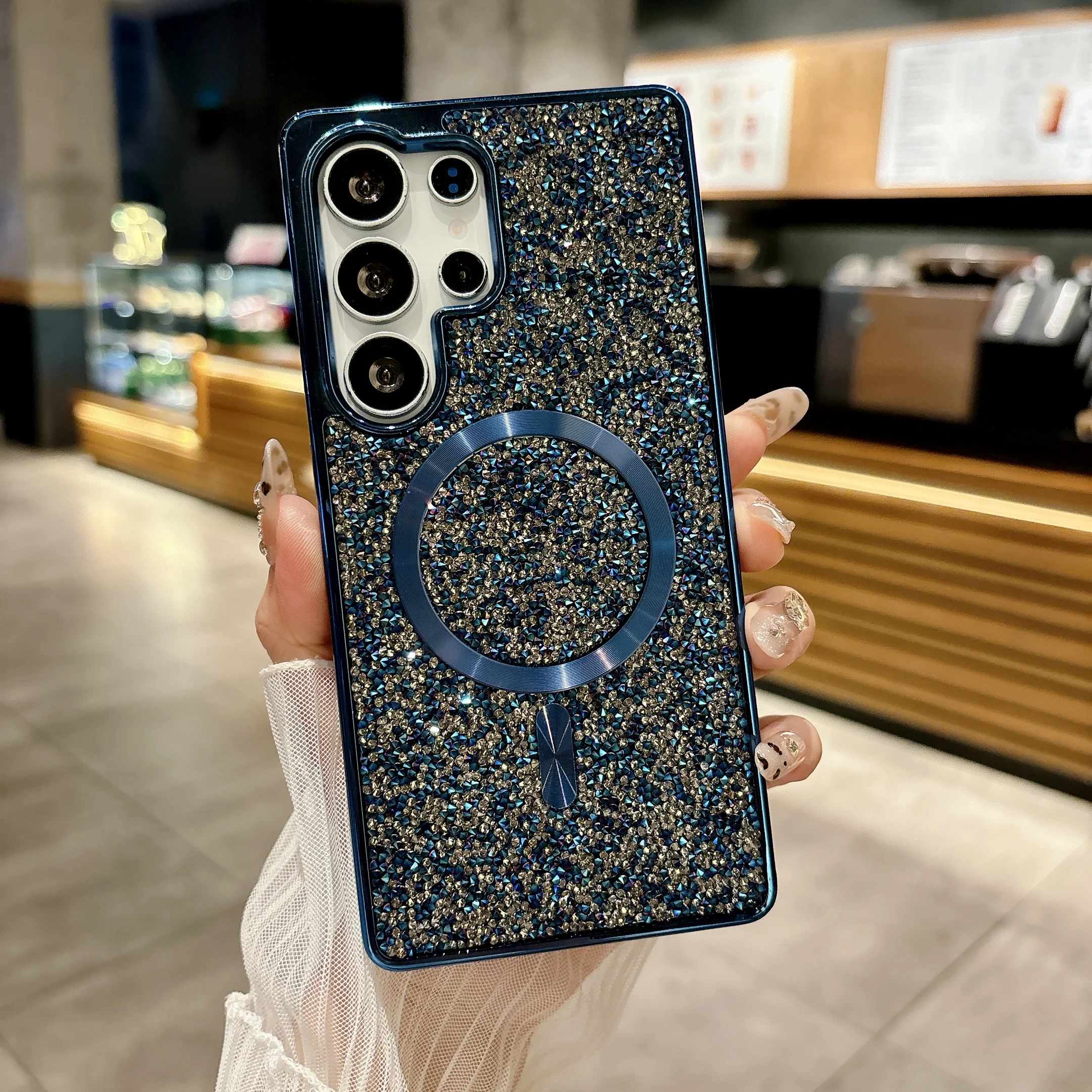 Luxury Bling Diamond Plating Phone Case with Wireless Charging and Magnetic Glitter Finish