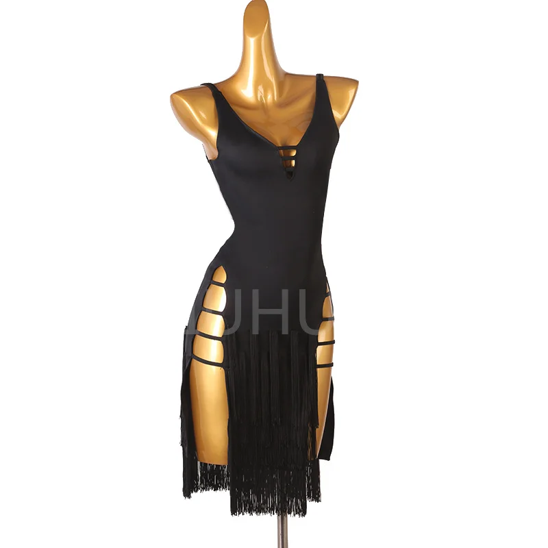 

Black Fringe Latin Dress Manufacturers Custom Big Backless Sexy Contest Latin Dress Rumba Skirt