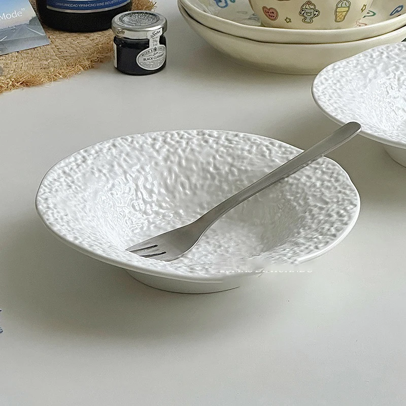 Embossed Ceramic Dinner Plate Light Luxury Creative White Deep Plate Household Dessert Salad Kitchen Tableware
