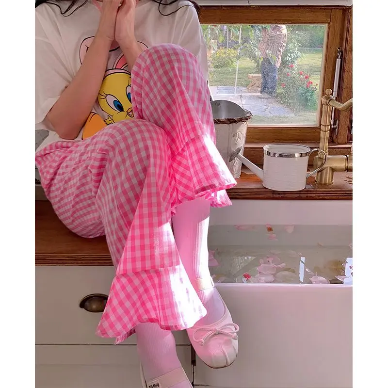 Women's Summer New Fashion Sweet Loose Thin Plaid High Waist Straight Spliced Sleeping Pants Casual Versatile Wide Leg Trousers
