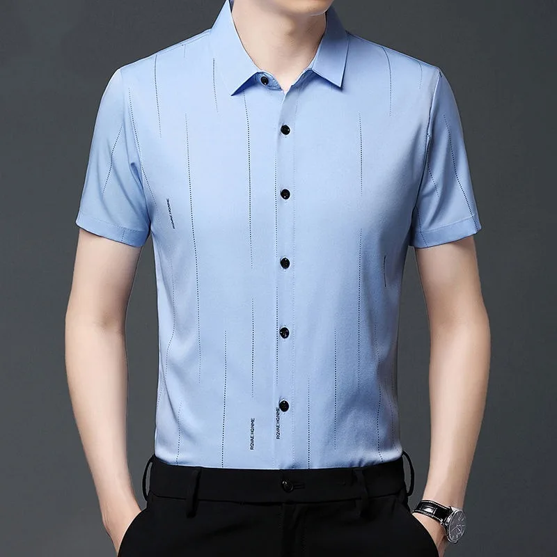 Summer New Short Sleeve Shirts for Men Lapel Letter Striped Button Printing Blouse Anti Wrinkle Vintage Fashion Tops