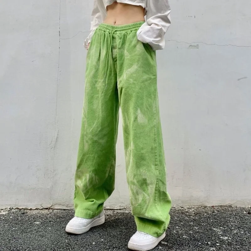 dress pants Y2K Green Corduroy Casual Streetwear Pants Women's Spring Harajuku Style High Waist Loose Straight Drawing Wide Leg Pants work trousers