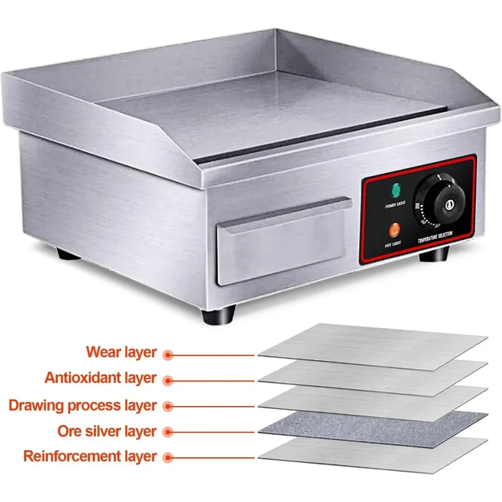 Commercial Electric Grill,14" Griddle 1600W 110V Non-Stick Restaurant Teppanyaki Grill Stainless Steel Adjustable Temperature 6