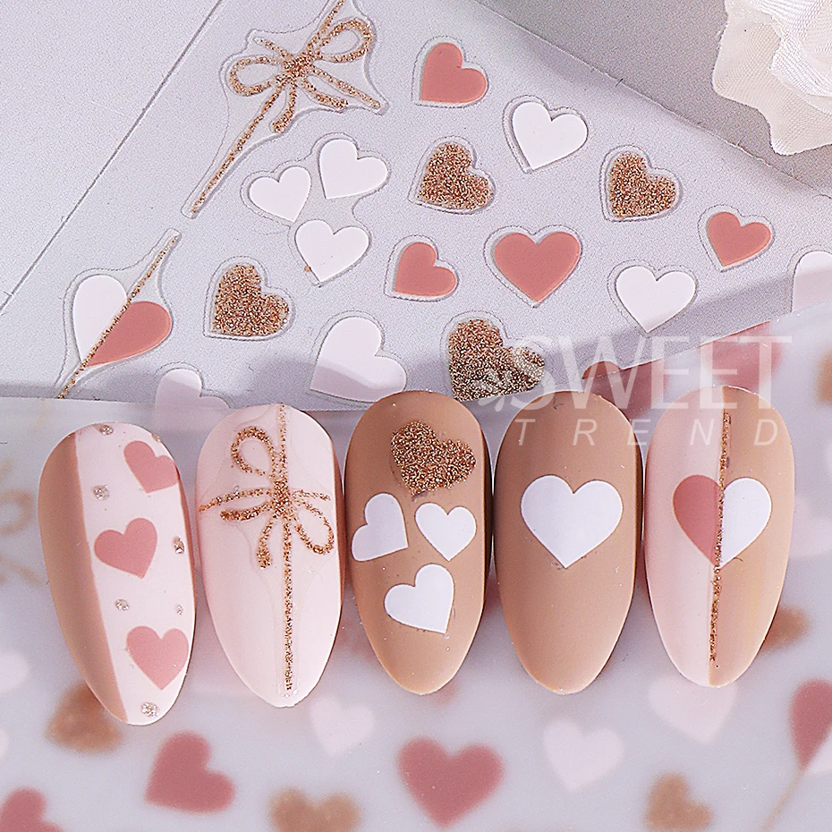 2/3pcs Glitter Love Heart Nail Stickers Pink White Heart-shaped Bow Adhesive Nail Decals DIY Valentine's Day Manicure Decoration