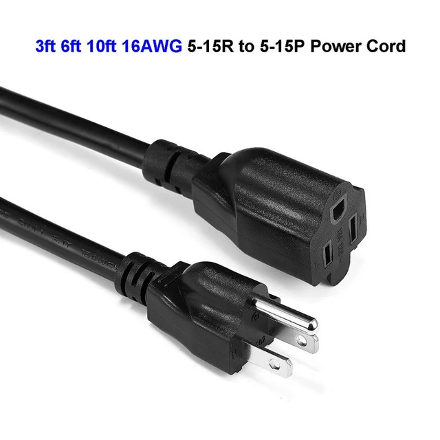 3ft (1m) Power Extension Cord, NEMA 5-15R to NEMA 5-15P Black Extension  Cord, 13A 125V, 16AWG, Outlet Extension Power Cable, NEMA 5-15R to NEMA  5-15P