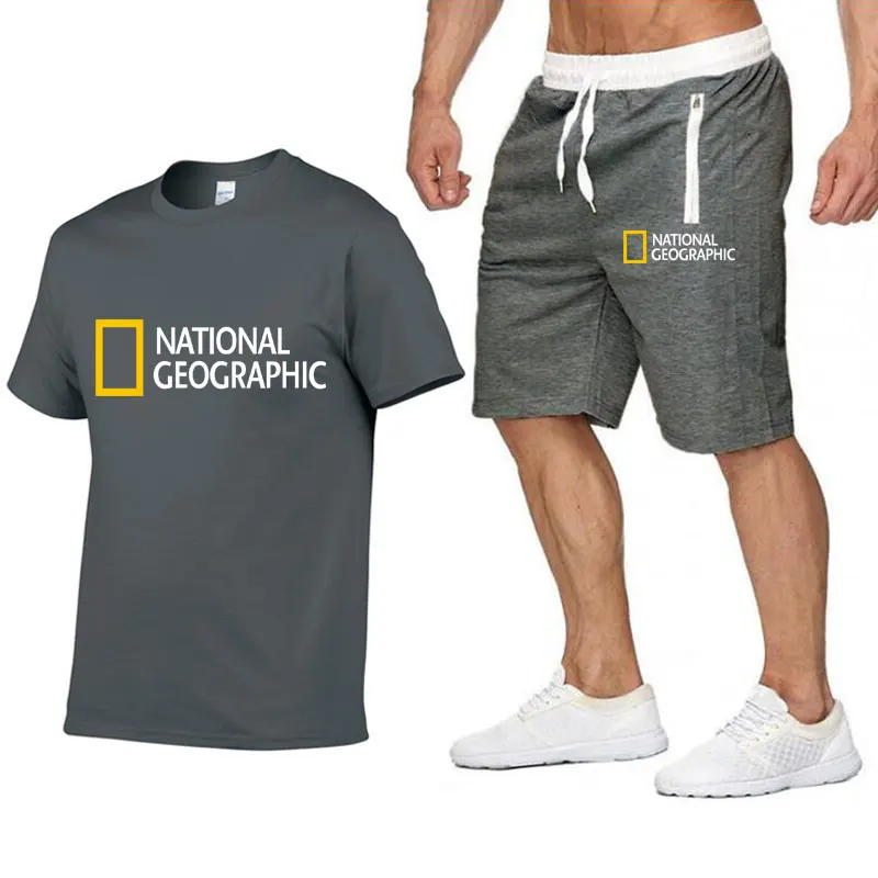 men's outfit sets National Geographic Indication Two Piece Suit Men's Cotton Short Sleeve T-shirt + Shorts  Man Casual Sports Wear Fitness Wear mens set