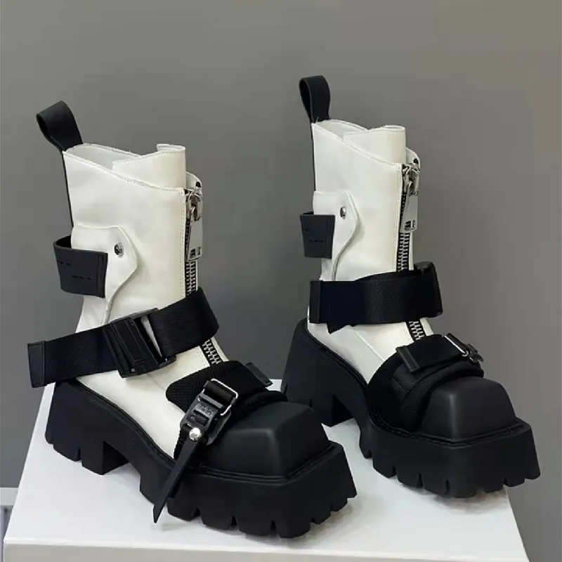 2023 Nuovi Stivali Donna Fondo Spesso Cerniera Scarpe Firmate Per Le Donne Moda Fibbia Della Cintura Botines Corte Autunno Inverno Stivaletti