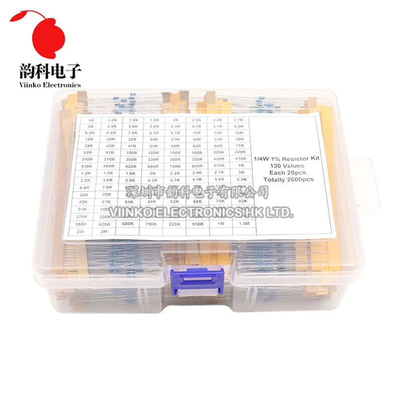 

2600pcs/1300pcs/650pcs 1/4W 1/8W 1/2W 1W 2W 1% Metal Film Resistor Kit 130 Values 0.25W 0.5W Resistance Assortment Assorted Set