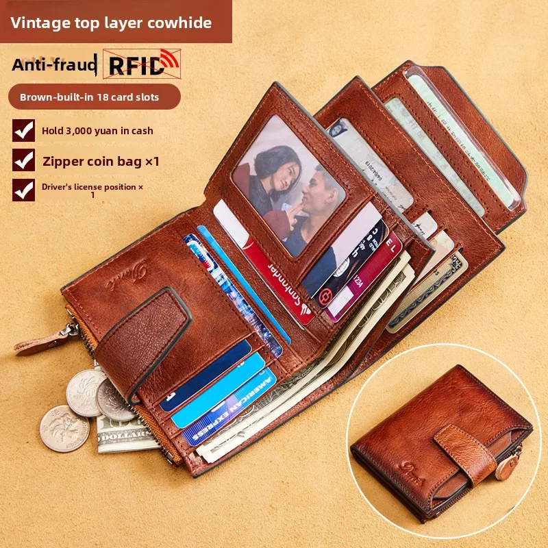 Men's Zipper Wallet Genuine First Layer Cowhide Leather Money Clip Wallet