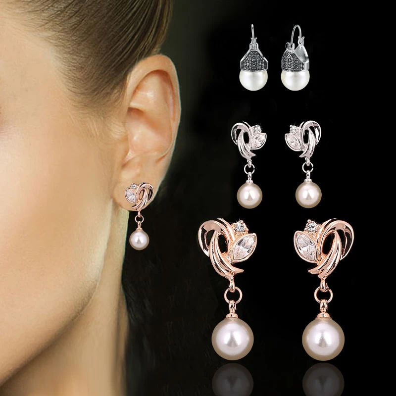 Doppel Fair Tropfen/Baumeln Ohrringe Mode Zirkonia Rose Gold/Silber Farbe Simulierte Perle Perlen Schmuck Für Frauen DFE166