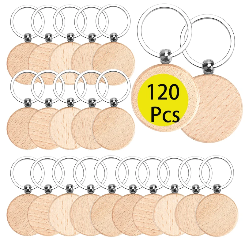 

120Pcs Wood Keychain Blanks Unfinished Rectangle Round Wood Key Tag Wood Engraving Blanks Key Chain for DIY Crafts