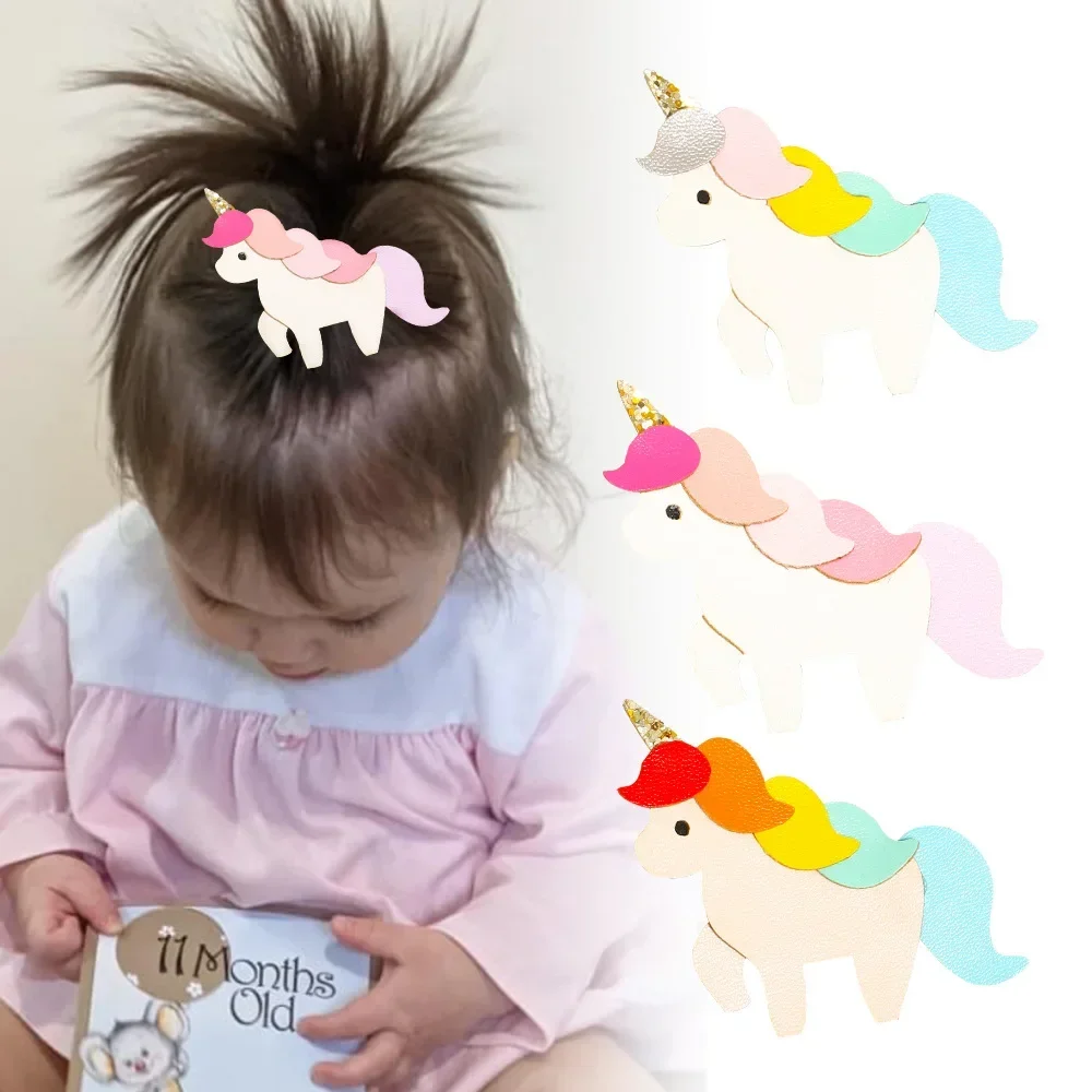 

PU Leather Unicorn Baby Girls Hairpin Children Colorful Princess Unicorn Hair Clips Toddler Sequin Bows Barrettes Party Headwear