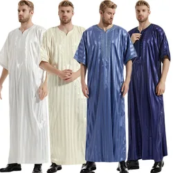 Men Islamic Jubba Thobe Arabic Kaftan Vintage Solid Short Sleeve Loose Retro Stripe Robe Abaya Dubai Middle East Muslim Clothing