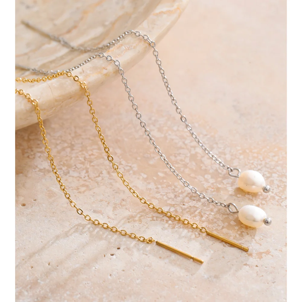 Yhpup Earrings Stainless Steel Natural Pearls Long Hanging