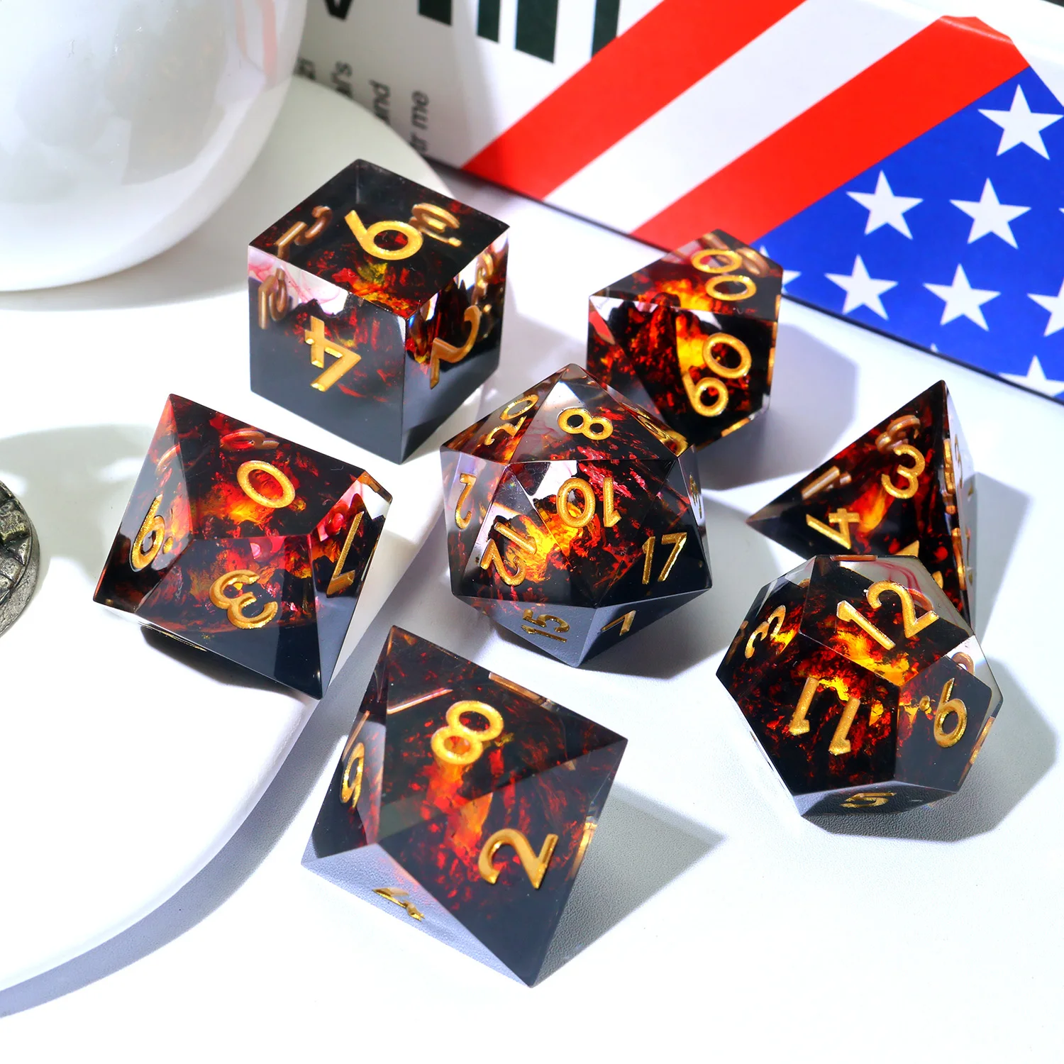 Volcanic Dragon's Lair Handmade Polyhedral Resin RPG Dice Set - Red