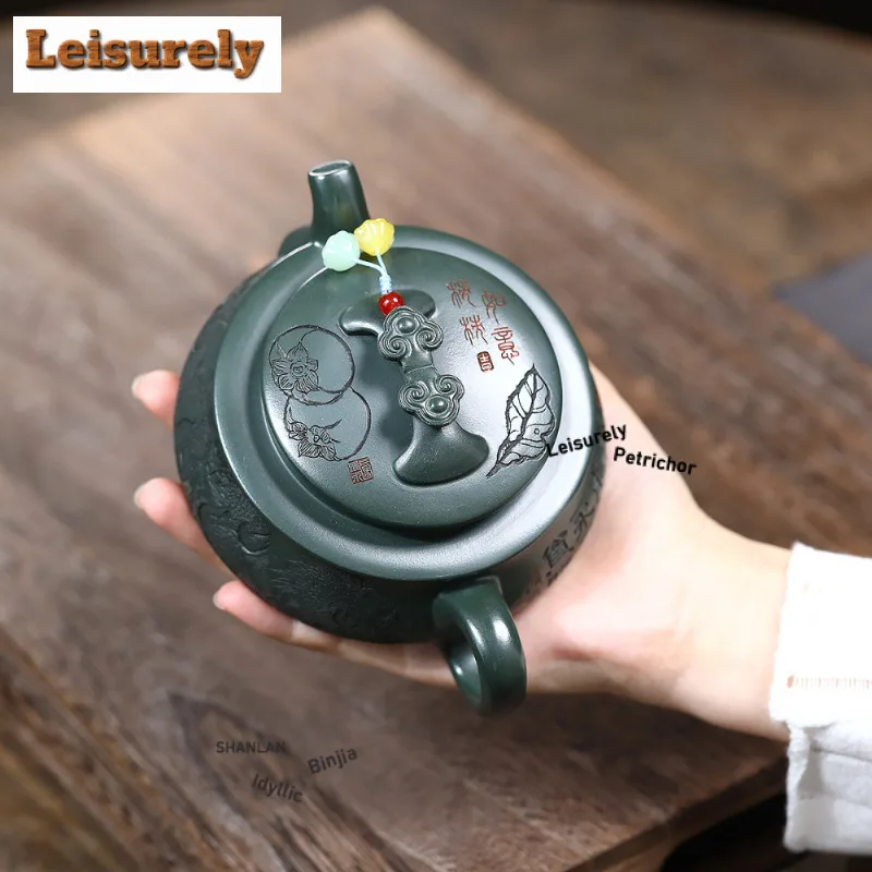320ml Yixing Purple Clay Teapots Handmade Ruyi Pine Crane Pot Raw Ore Blackish Green Mud Kettle With Filter Zisha Tea Set Gift