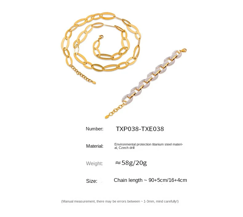 Edelstahl Vergoldetes Set mit Dicken Ketten, Langer Halskette und Armband, Luxuriöser Strass-Hochzeitsschmuck für Damen – Detail 11