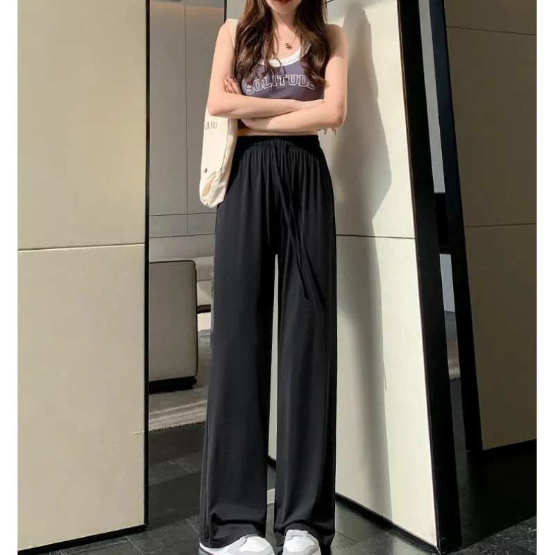 Summer Women's 2024 New Spliced Elasticized High-waisted Drawstring Fashion Loose Minimalist Comfortable Casual Straight Pants