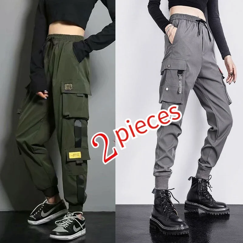 여러 개의 주머니가있는 여성용 카고 바지 여성 조깅 하이 웨이스트 발목 줄무늬 디자인 streetwear 힙합 스웨트 팬츠 플러스 사이즈