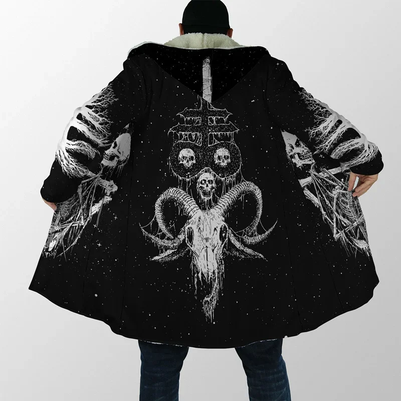 Men's Hooded Cloak Satan Demon Tattoo Skull 3D Printing Winter Fleece Trench Coat Unisex Casual Thicken Warm Hooded Cloak H008