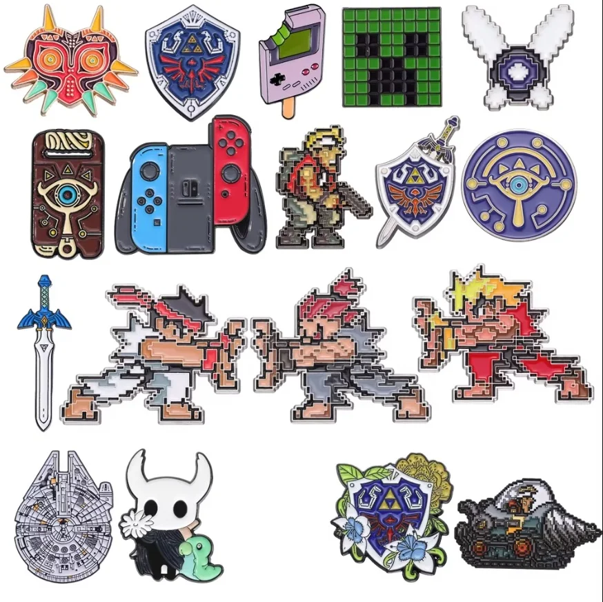 Cartoon Game Series Enamel Brooch Pins Shield Pixel Mask Shooting Sword Wave Electric Drill Elf Anime Badge Jewelry Friend Gift