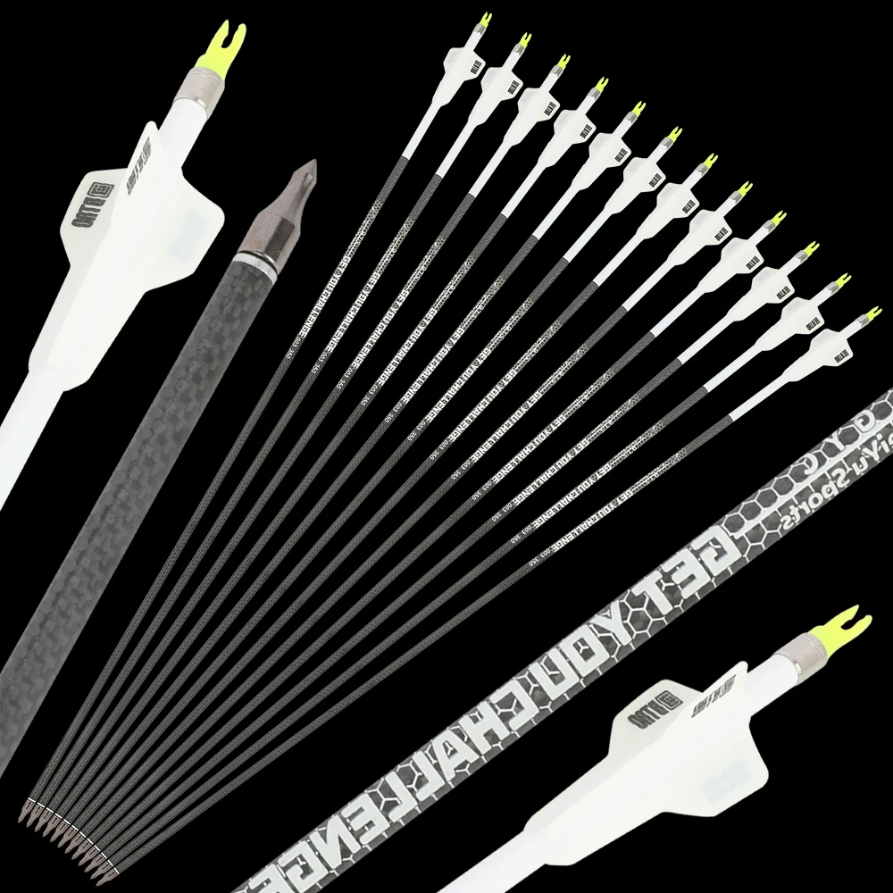 12pcs Shooting Arrows 3K Pure Carbon Fiber Spine 250 300 350 400 Shaft 32 Inch Rubber Feather ID 62mm Bow Hunting Shooting