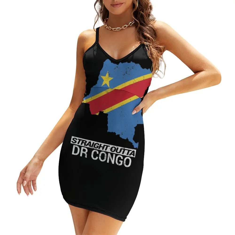

Sexy Woman's Dress Dresses Straight Outta Democratic Republic of The Congo ( DRC ) Country Map & Flag Women's Sling Dress Hot S