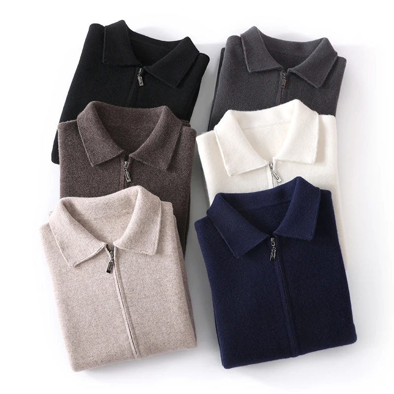 2024 Men Knitwear Pure Australian Wool Sweater Zipper style Cardigan Polo Collar Thick Style Warmth Basic Business Clothing Tops 6
