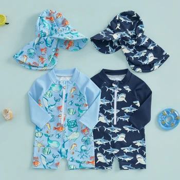 0-3Y Toddler Boy Long Sleeve Swimsuit Shark Print Half Zipper Non-Pilling Rash Guard Swimwear Sunhat Set 2025 New