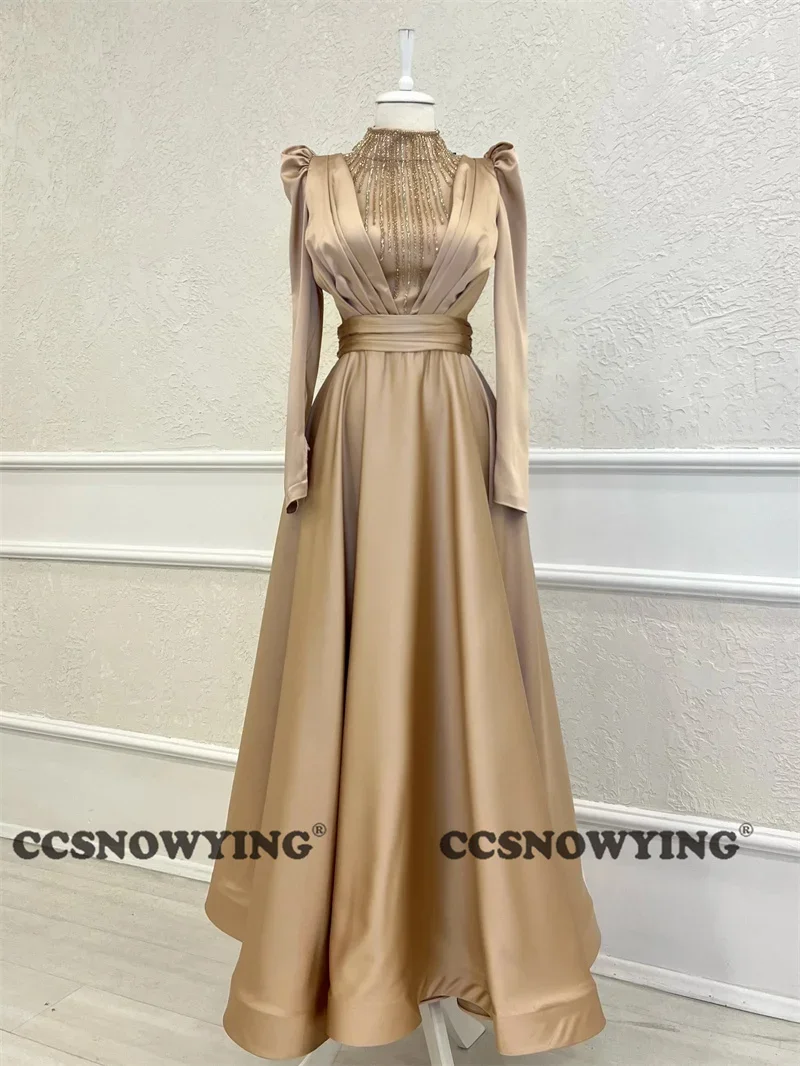 

Muslim Long Sleeve High Neck Hijab Evening Dresses Islamic Satin Beaded Formal Party Gown Women Arabic Kafan Robe De Soiree