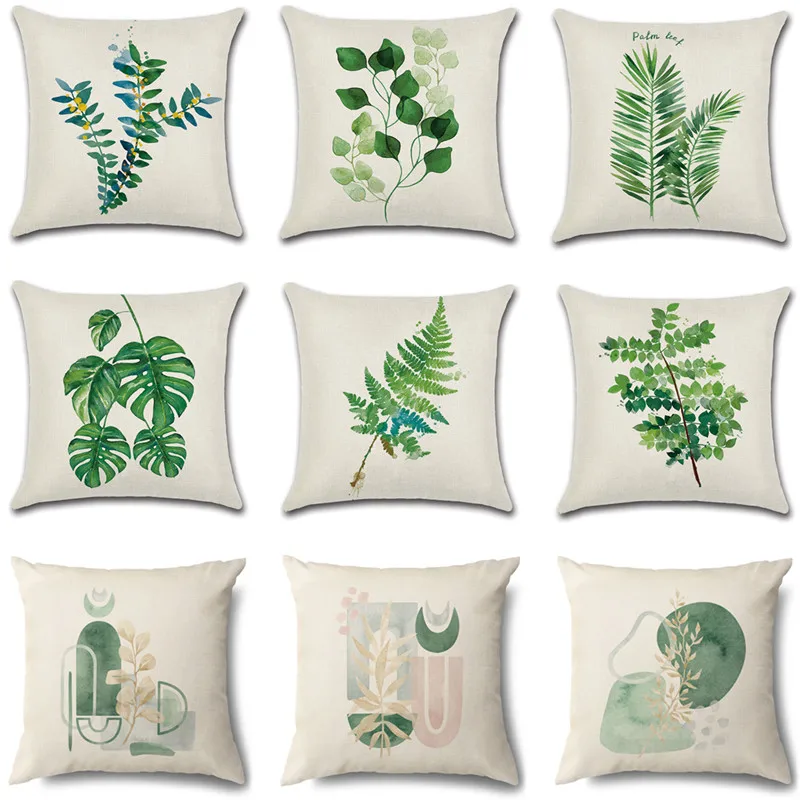 Green Leaves Pillow Case Simple Style Leaves Decorative Cotton Linen