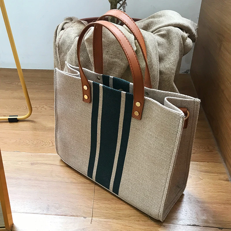 Lässige Leinwand Streifen muster große Kapazität Multifunktions-Reisetasche Schüler Schult aschen Frauen tägliche Taschen – Detail 4