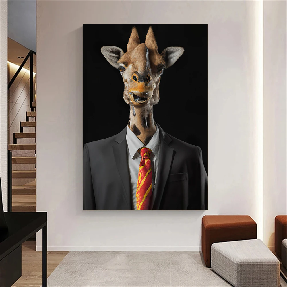 

Funny Animal Portrait Home Decor Photo Giraffe In Suit Poster Wall Art Canvas Painting For Living Room
