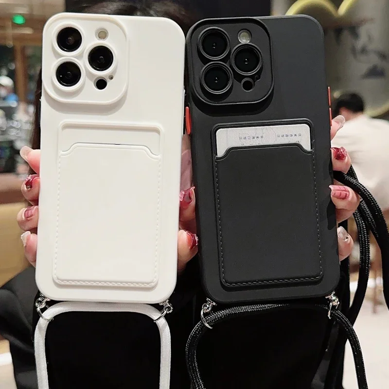 

Crossbody Lanyard Solid Color Card Bag Case For iphone 15 14 13 12 Mini 11 Pro Max Plus XS X XR Shockproof Silicone Back Cover