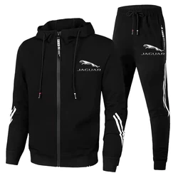 2024 New Tracksuit Men Jaguar Car Logo Print 2 Piece Sets Sportswear Zip Hooded Jacket Sweatshirt+Pants Gym Running Men Clothing