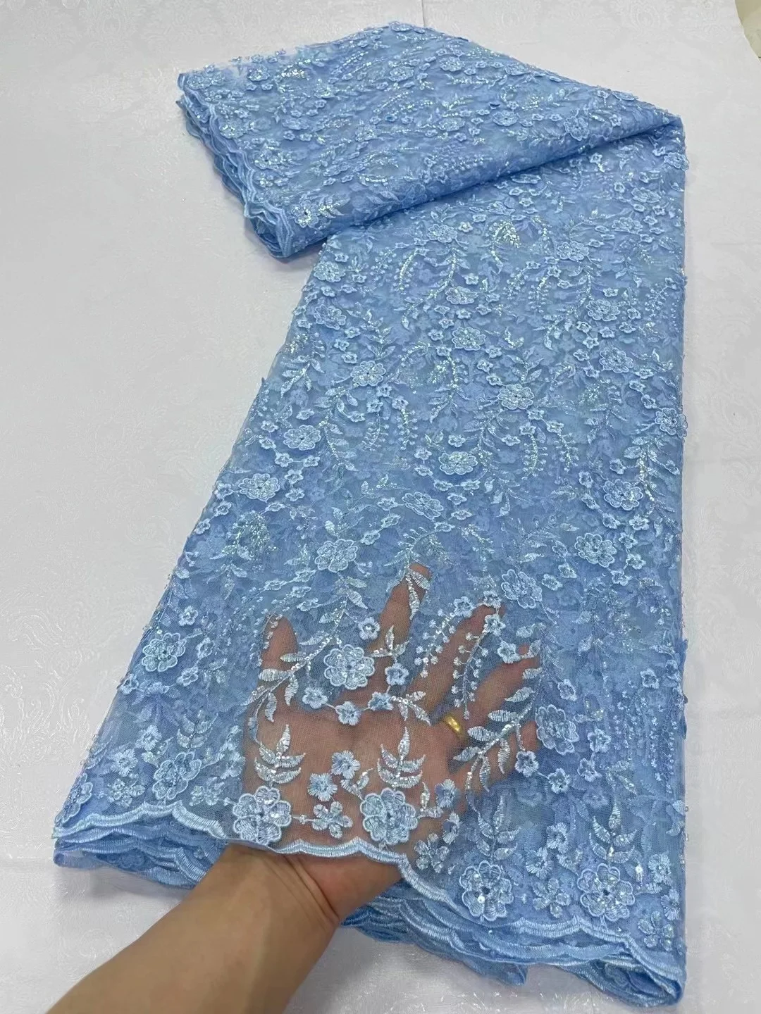

2023 High Quality African Lace Fabric Sequins Mesh Lace France Luxury Beads 3D Embroidered Tulle Lace Fabric For Sewing
