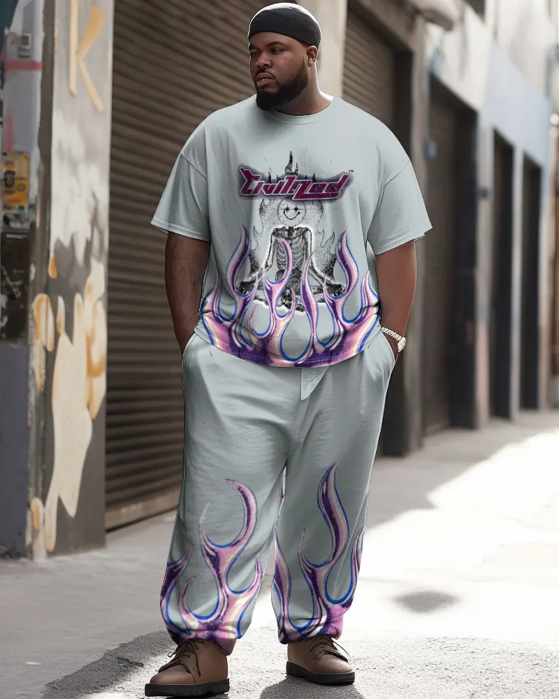 Biggmans Two Piece Sets T-Shirt for Men's Casual Clothing Simple Color Block Print Trousers Pants Big Plus Size Suit L-9Xl